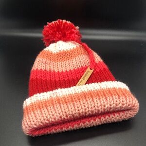 Toddler Kids Coral Stripes Pom Pom Knit Beanie Hat Fits Ages 1-3 Yrs Old Kids